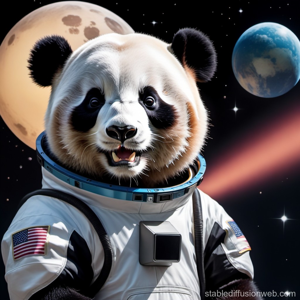 Panda Astronaut in Space with Earth and Moon