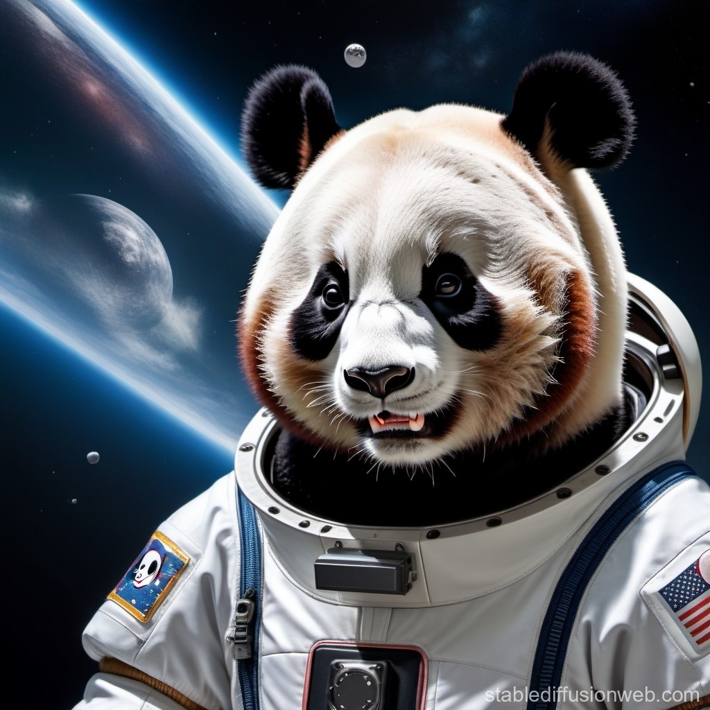Panda Astronaut in Space with Earth and Moons