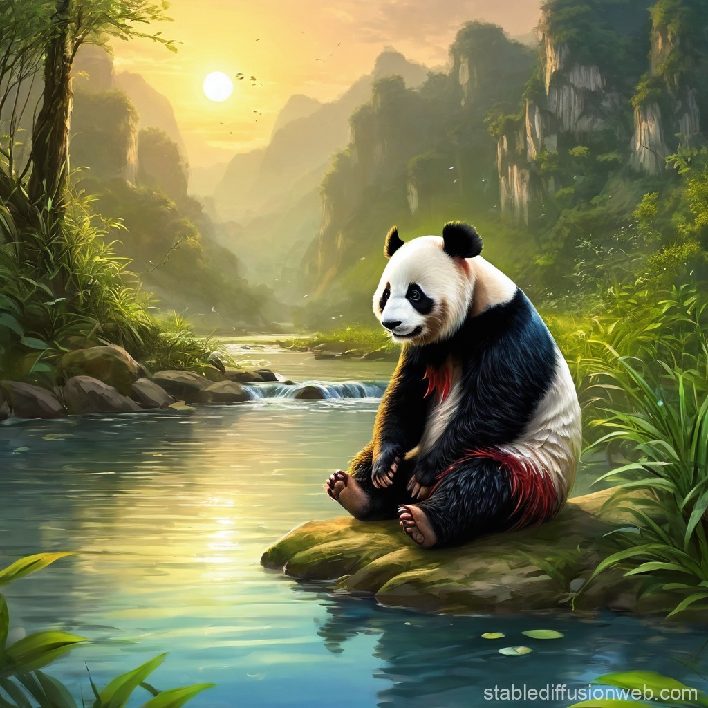 Panda Sitting by a Serene River at Sunset