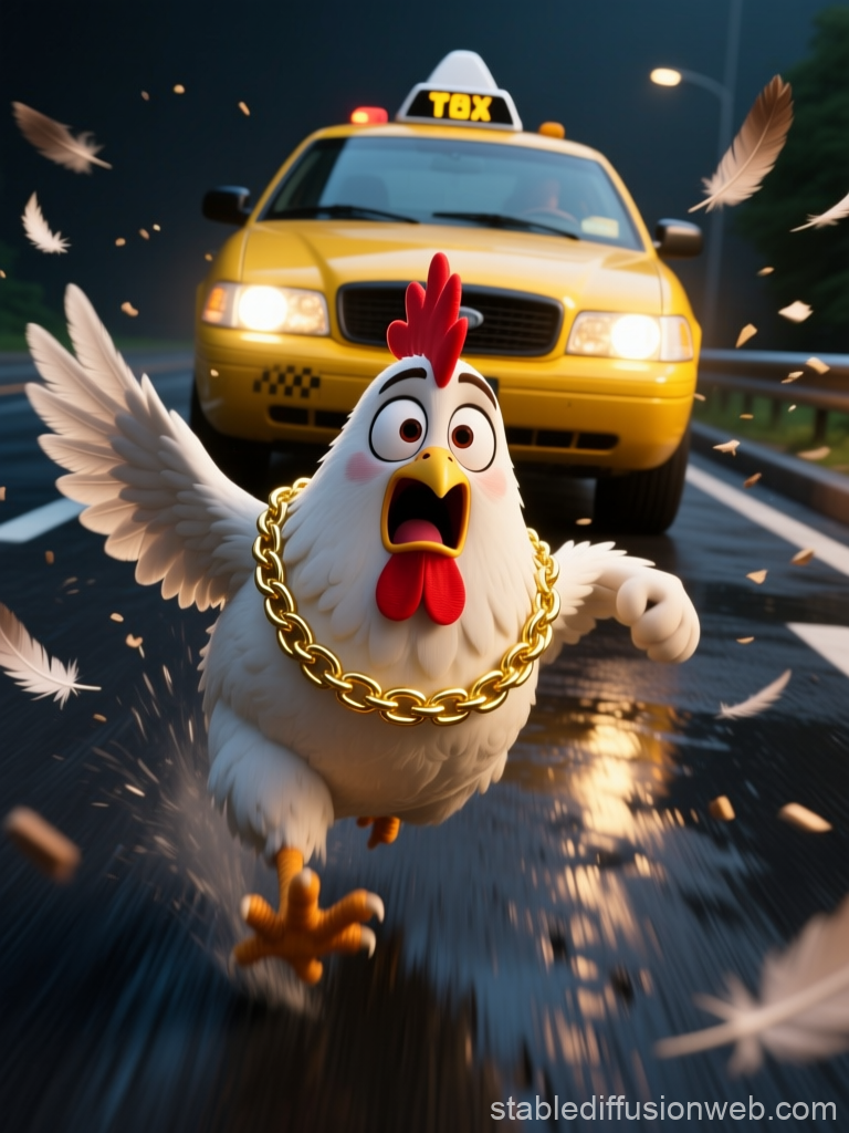 Panic Chicken Chasing Taxi on Wet Road