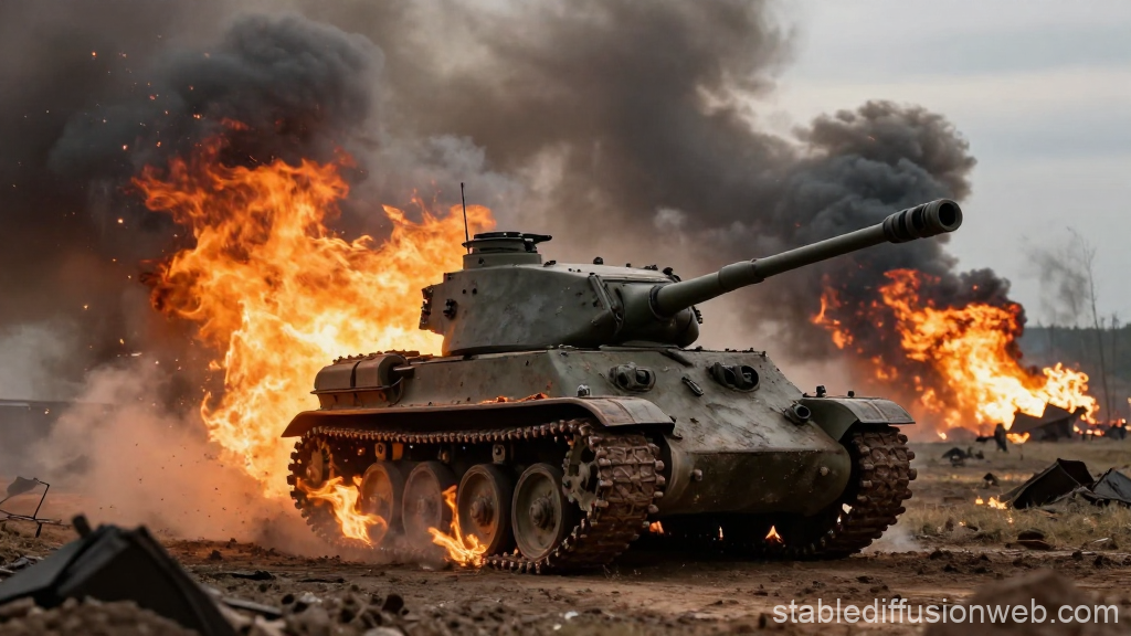 Panther Tank in Fiery Battle Scene at Kursk