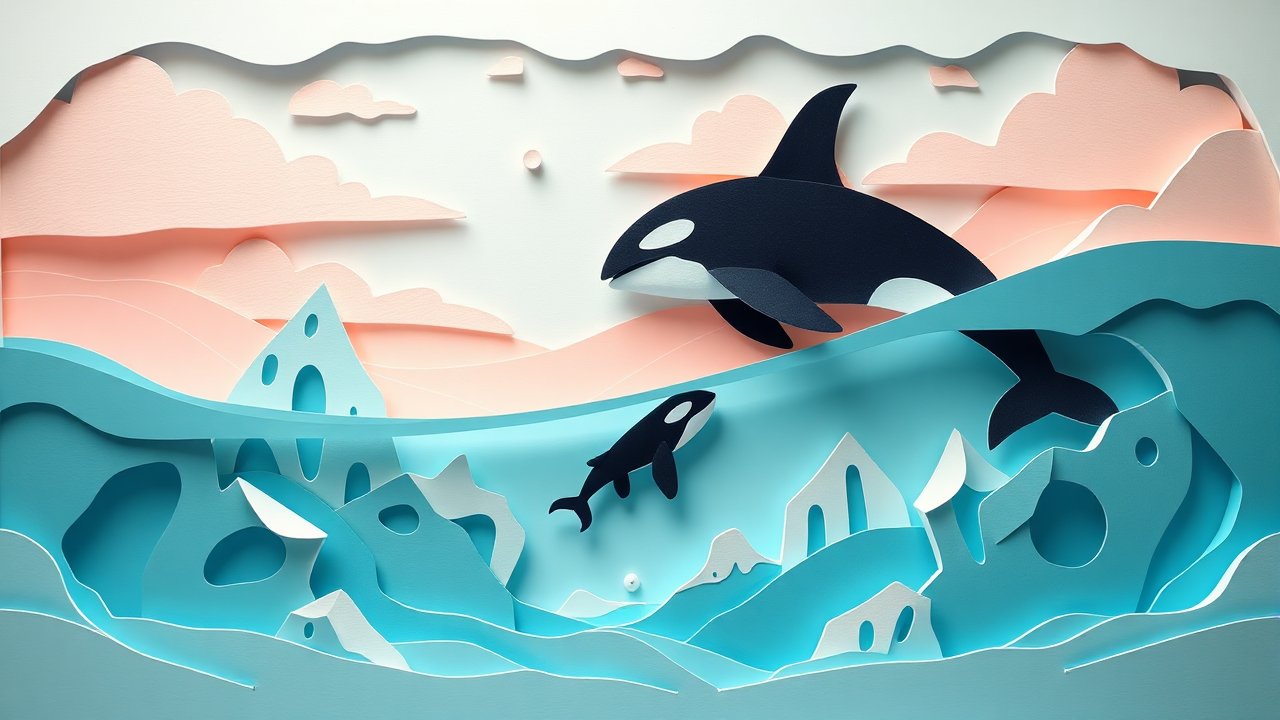 Paper Cut Dreamscape with Orcas in Ocean Scene