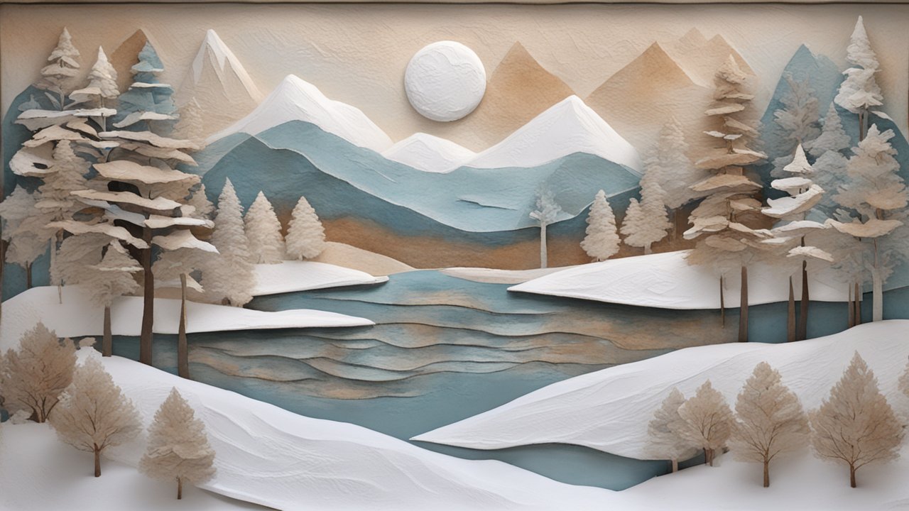 Papier Mache Winter Landscape with Mountains and Lake