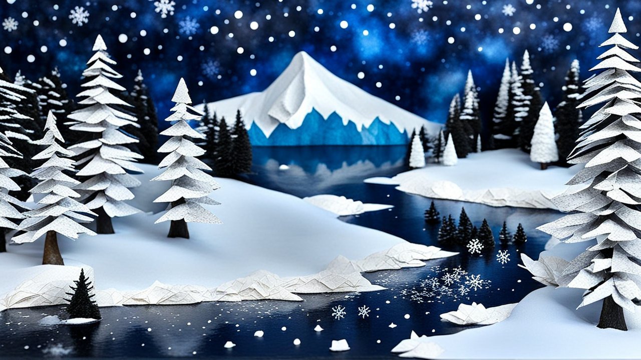Papier Mache Winter Landscape with Snowy Trees and Mountain