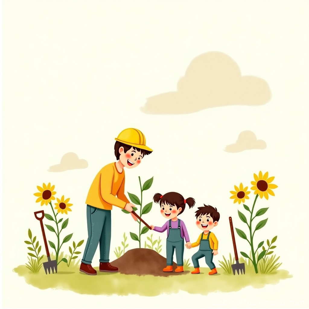 Parent Teaching Kids to Plant a Tree in Garden