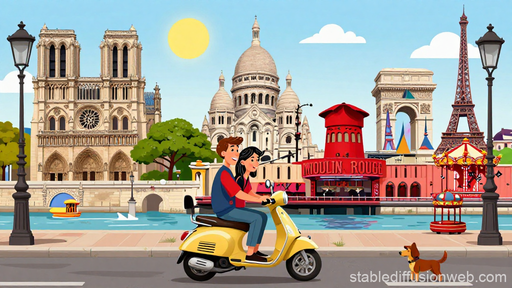 Parisian Couple Riding Vespa with Iconic Landmarks
