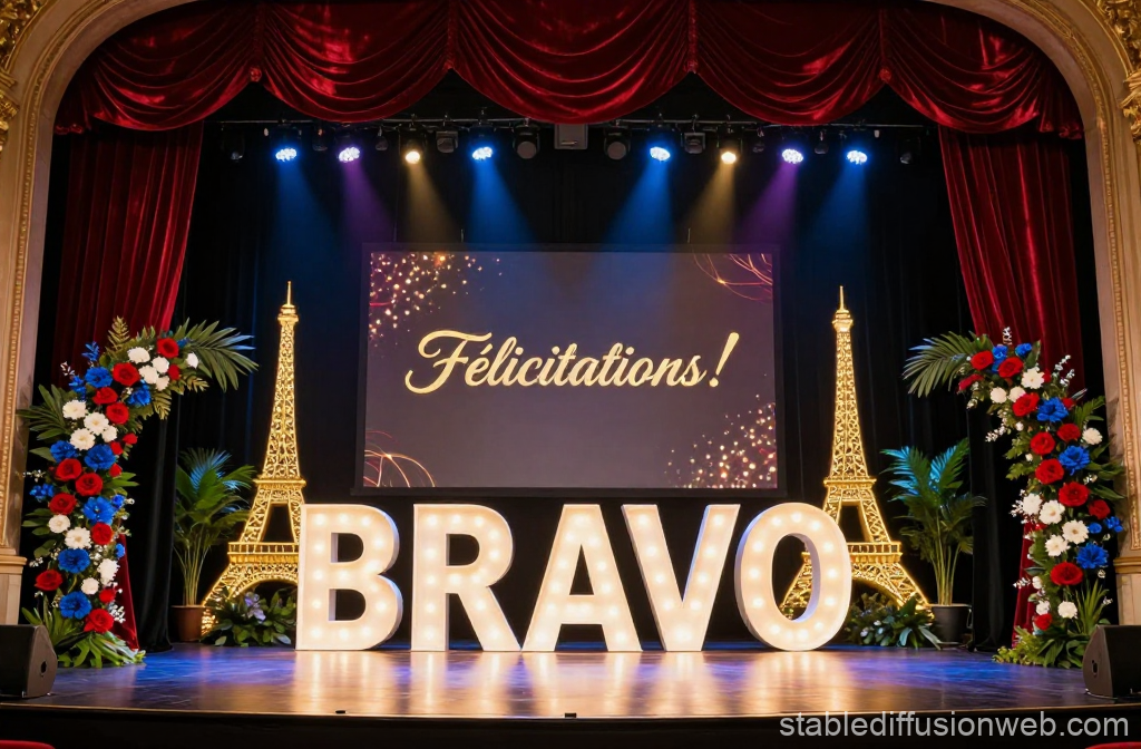 Parisian Gala Graduation Stage with Illuminated Bravo Sign