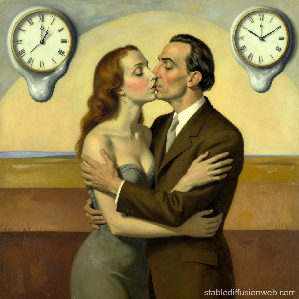 Passionate Lovers Embracing Amid Surreal Melting Clocks