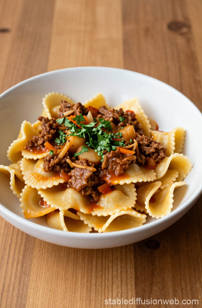 Pasta with Pork Goulash in White Bowl