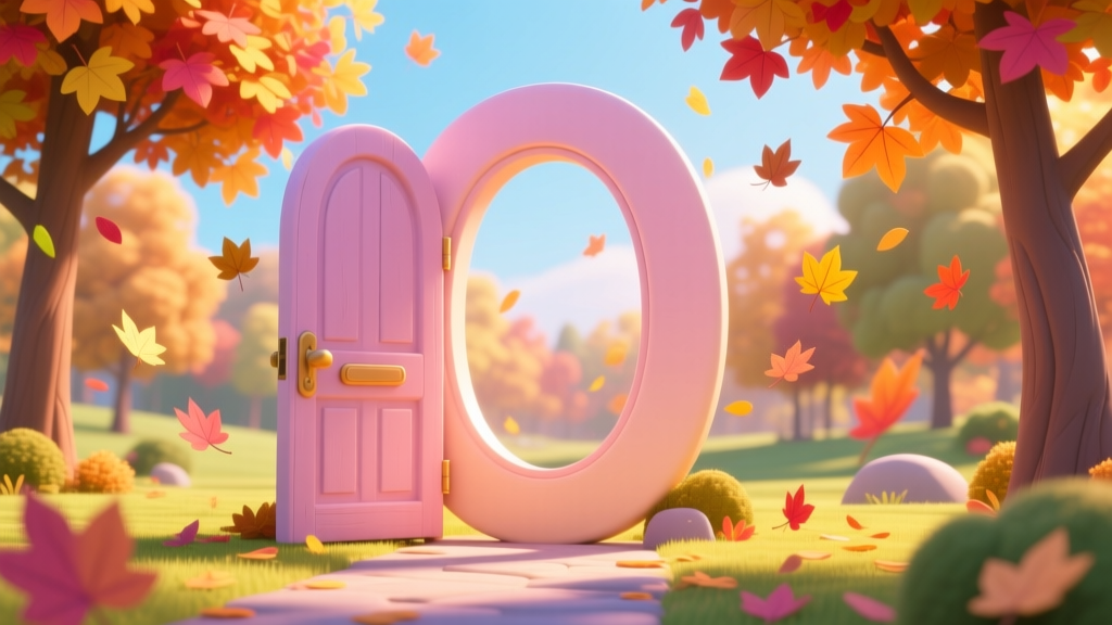 Pastel Autumn Park with Surreal Door and Falling Leaves