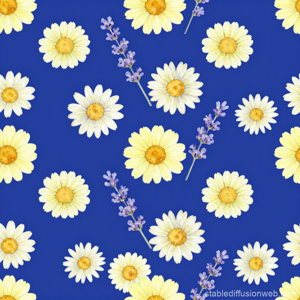Pastel Daisies and Lavender on Deep Blue Background