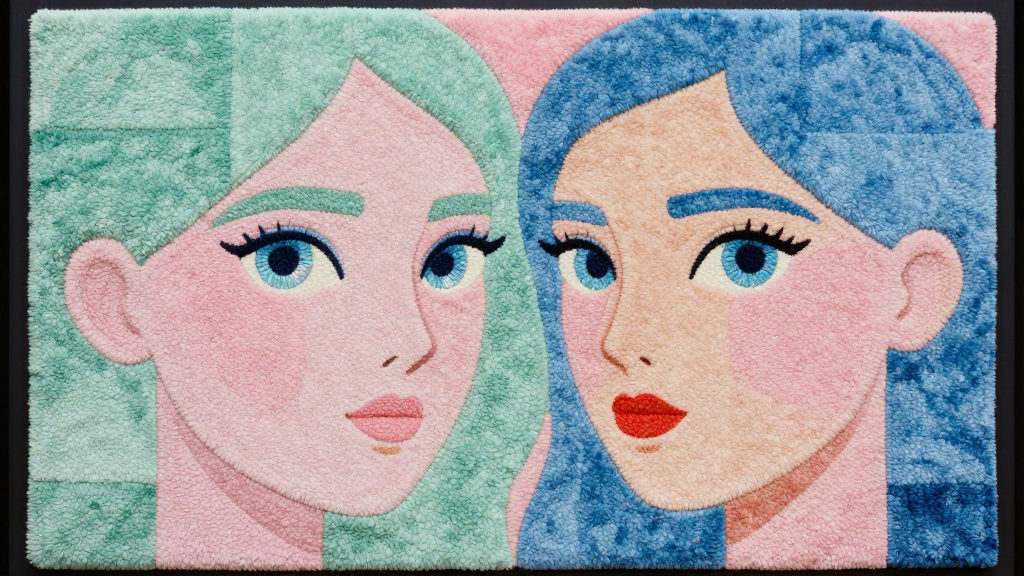 Pastel Fiber Art Carpet Featuring Two Stylized Female Faces