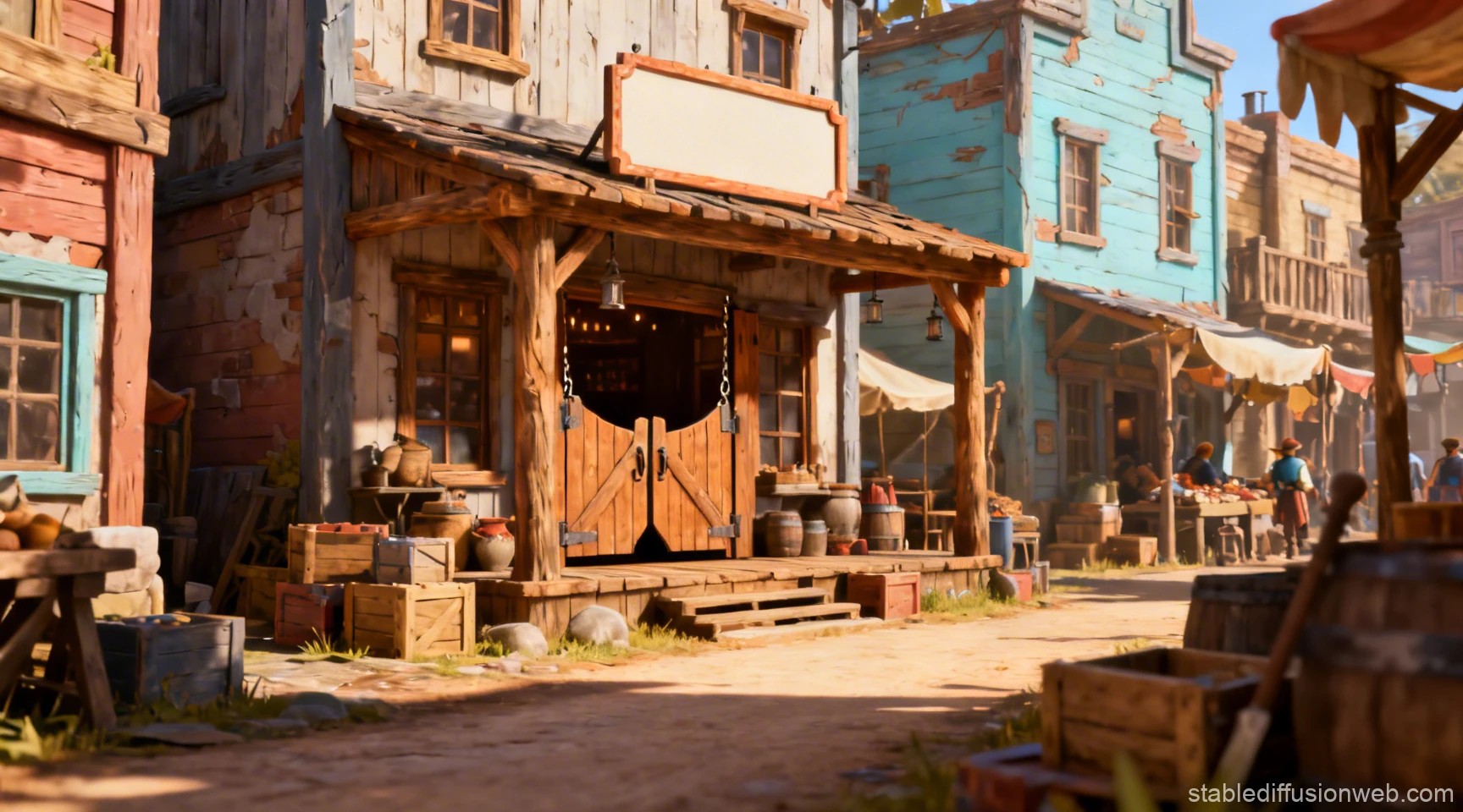 Pastel Frontier Tavern in a Rustic Alley