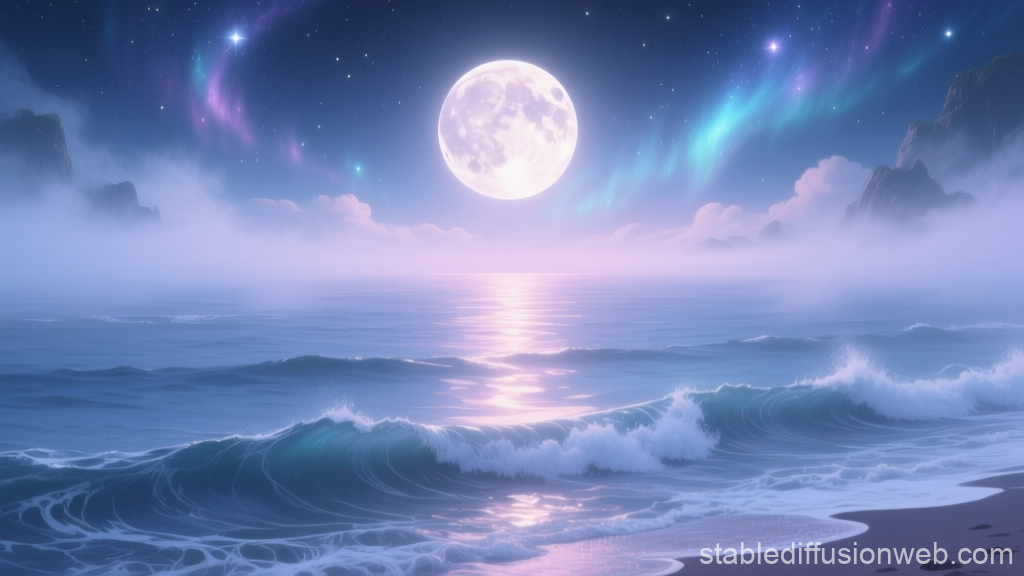 Pastel Night Ocean with Full Moon and Aurora
