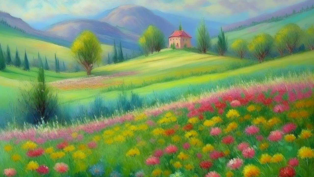 Pastel Oil Painting of a Vibrant Flower Meadow and Hills