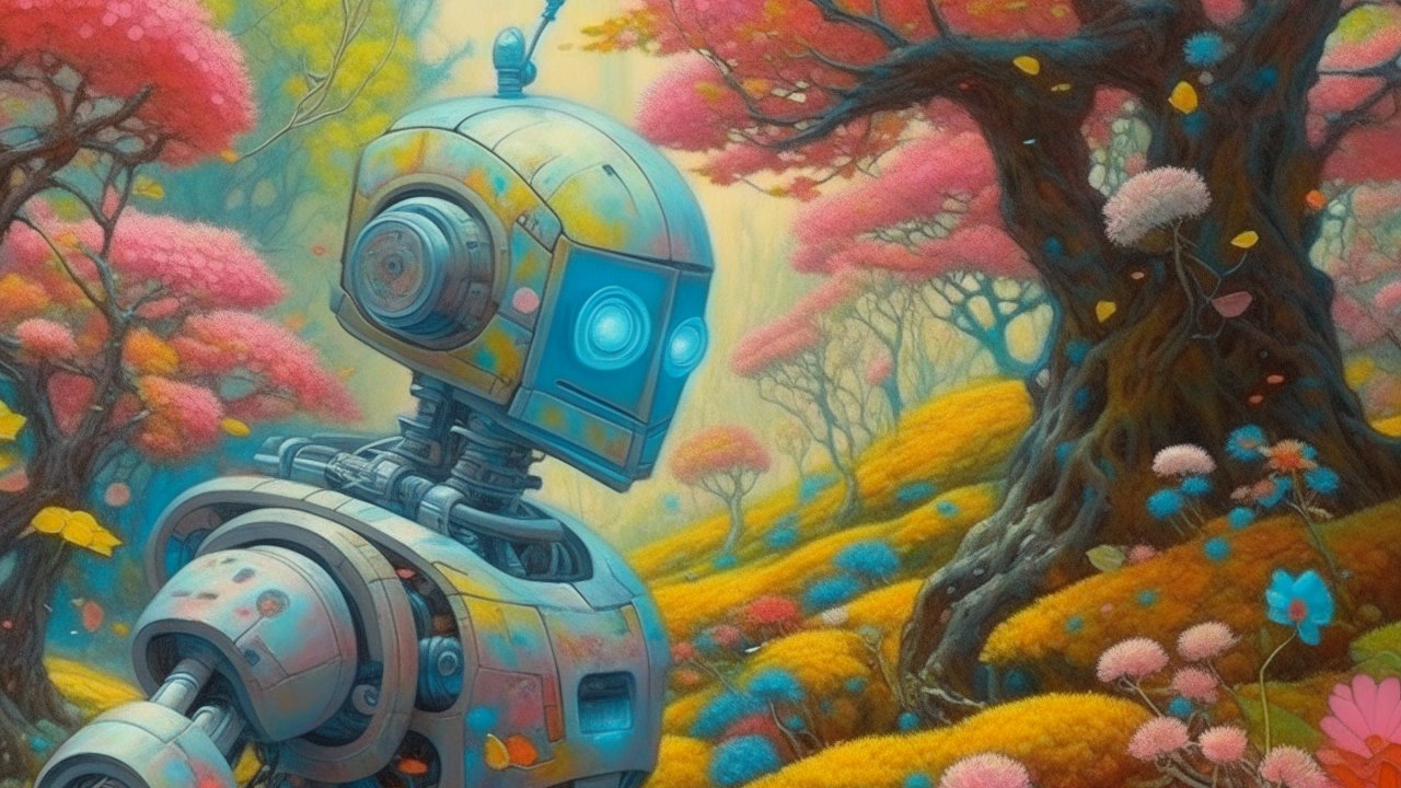 Pastel Robot in a Vibrant Fantasy Forest