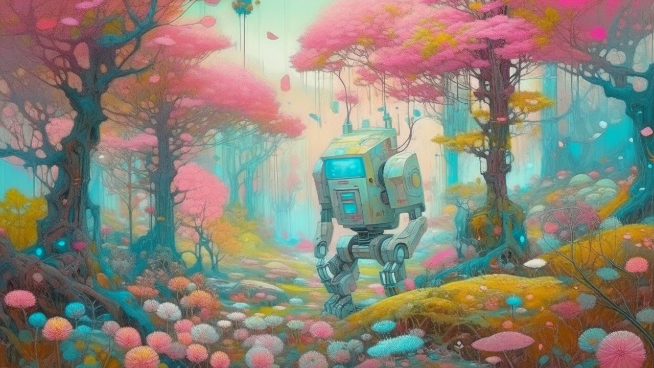 Pastel Robotic Explorer in a Dreamlike Forest