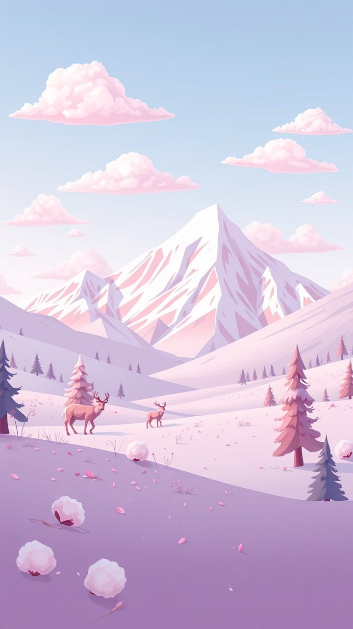 Pastel Winter Mountain Landscape with Deer