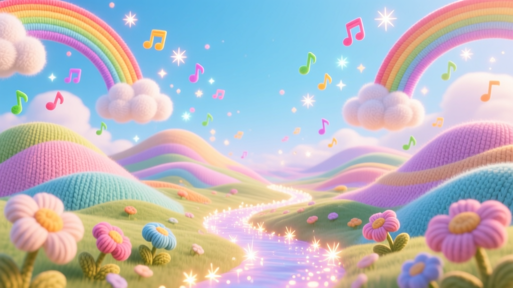 Pastel Yarn Landscape with Rainbows and Musical Notes