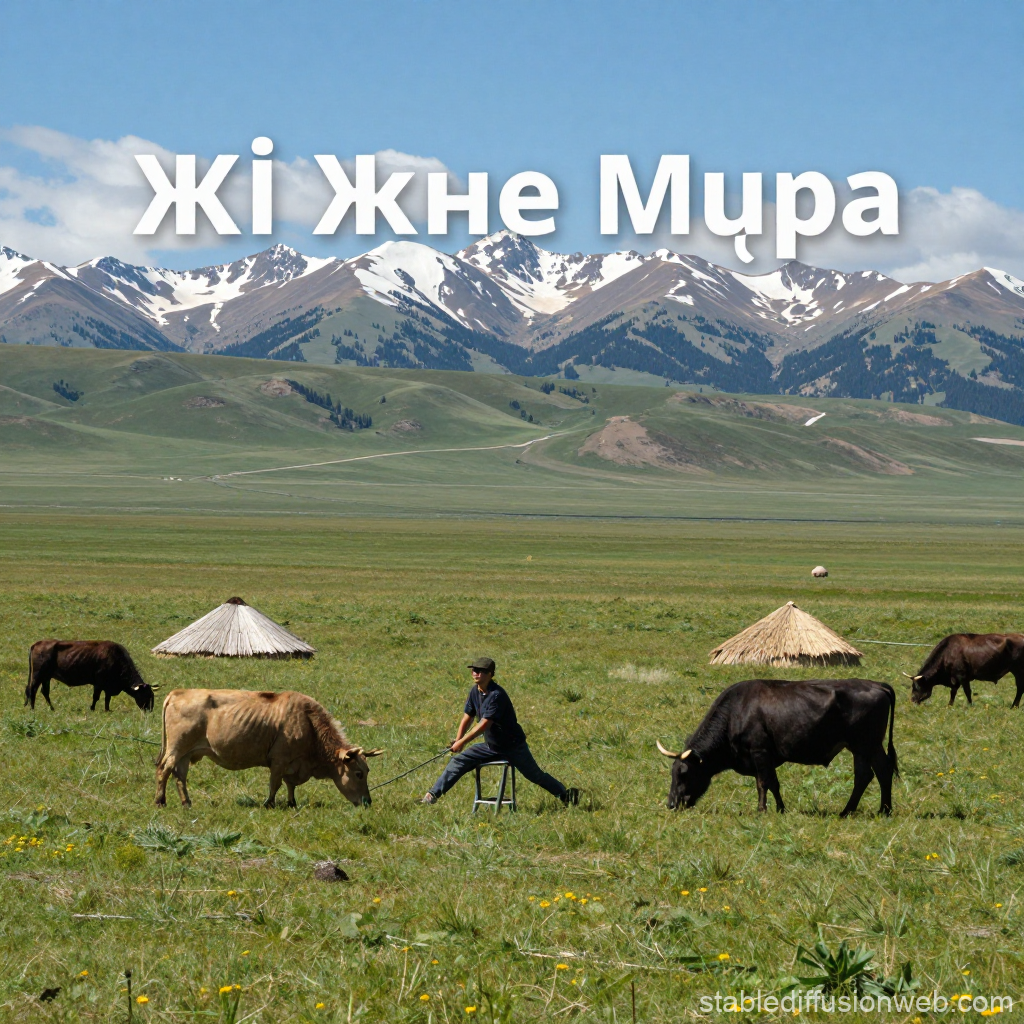 Pastoral Scene with Grazing Cattle and Mountain Backdrop