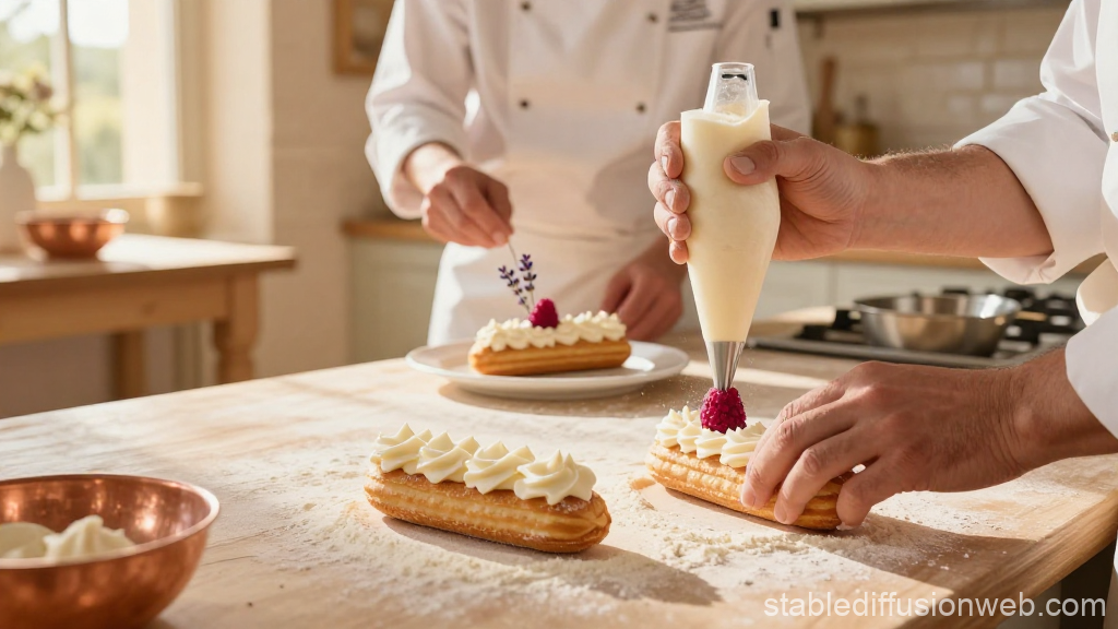 Pastry Chefs Decorating Eclairs in a Provence Kitchen