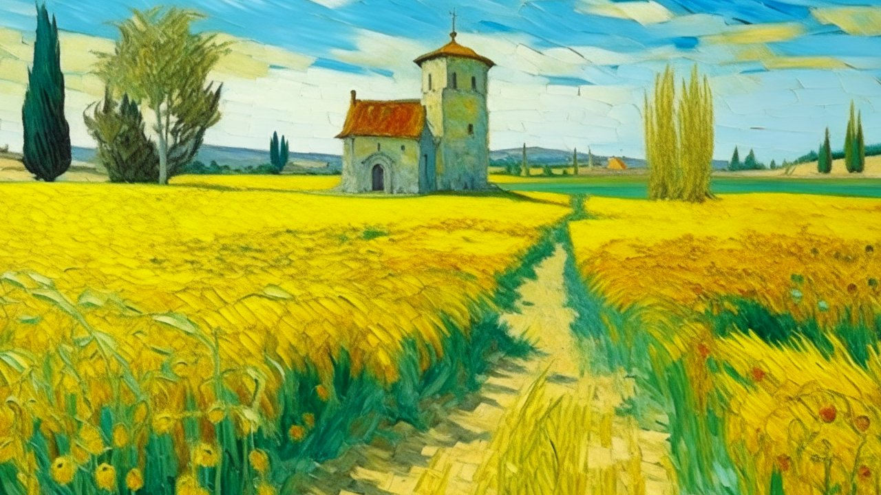 Path Through a Bright Yellow Field to a Small Church