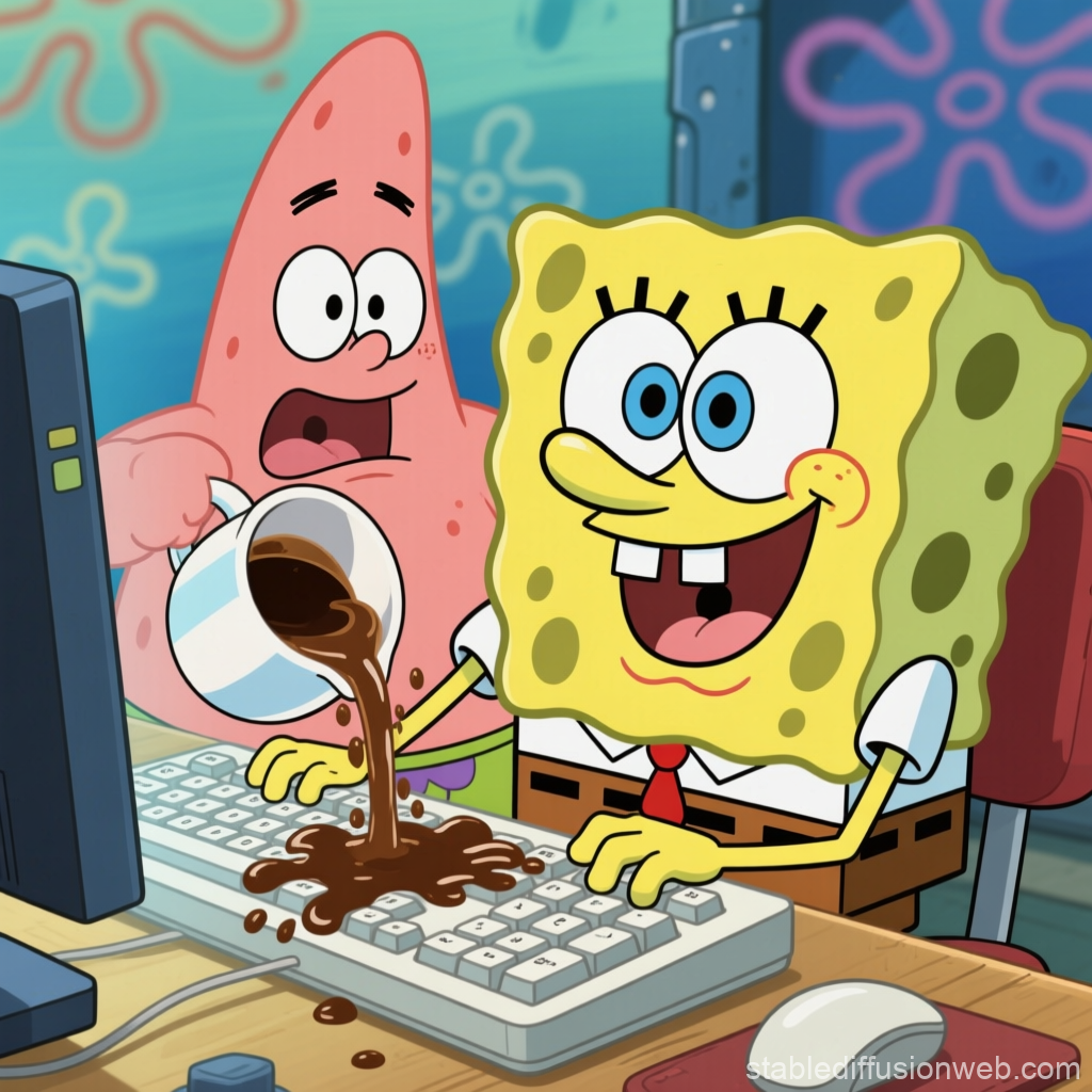 Patrick Spills Coffee on SpongeBob's Keyboard