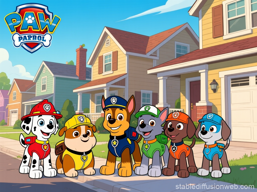 Paw Patrol Characters Standing in Front of Suburban Houses