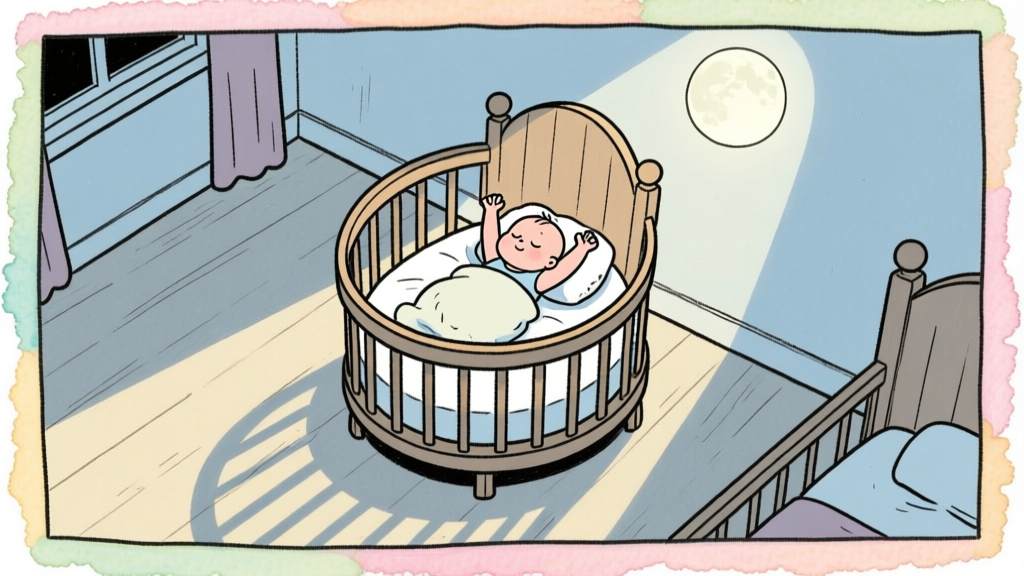 Peaceful Baby Sleeping in Round Crib Under Moonlight
