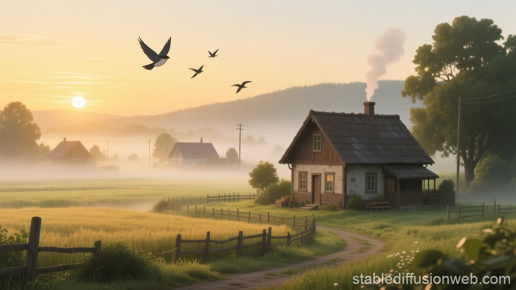 Peaceful Countryside Dawn with Birds in Flight