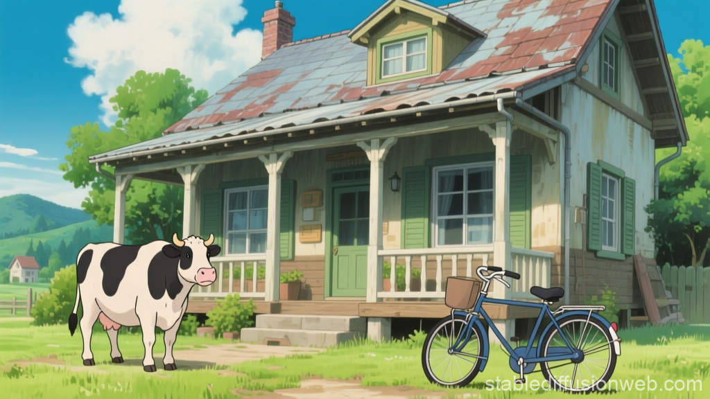 Peaceful Countryside Scene with Cow and Bicycle