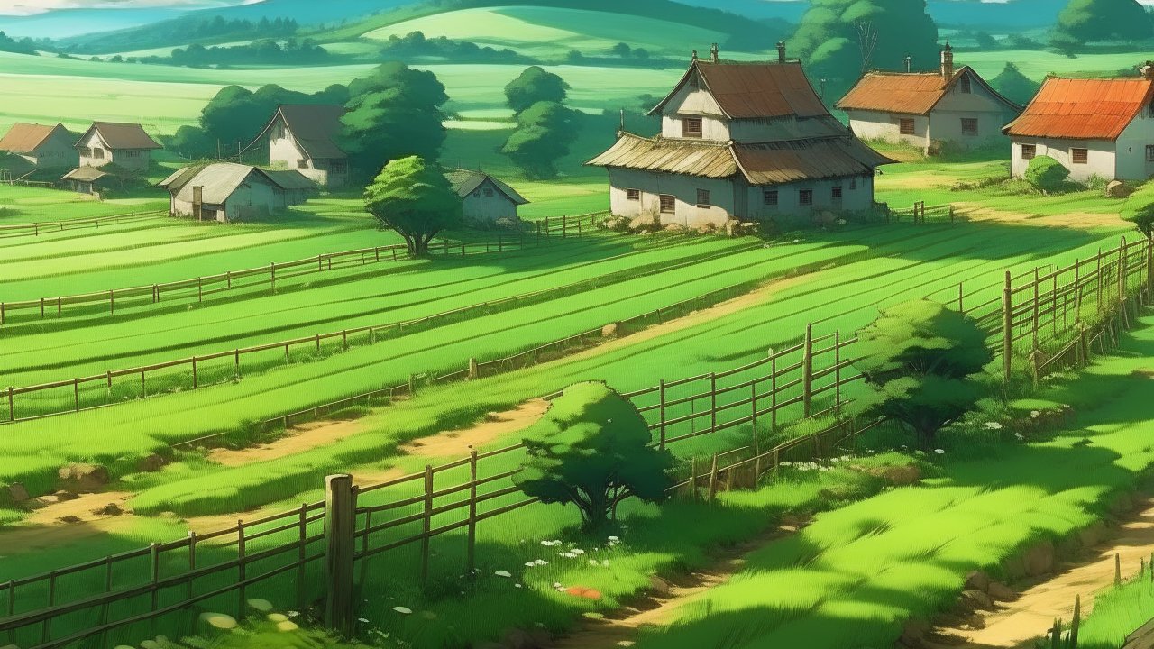 Peaceful Countryside Village with Green Fields