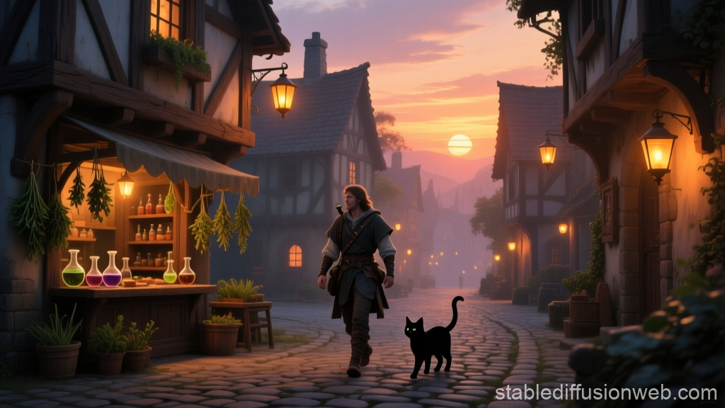 Peaceful Fantasy Village at Sunset with Alchemist and Cat
