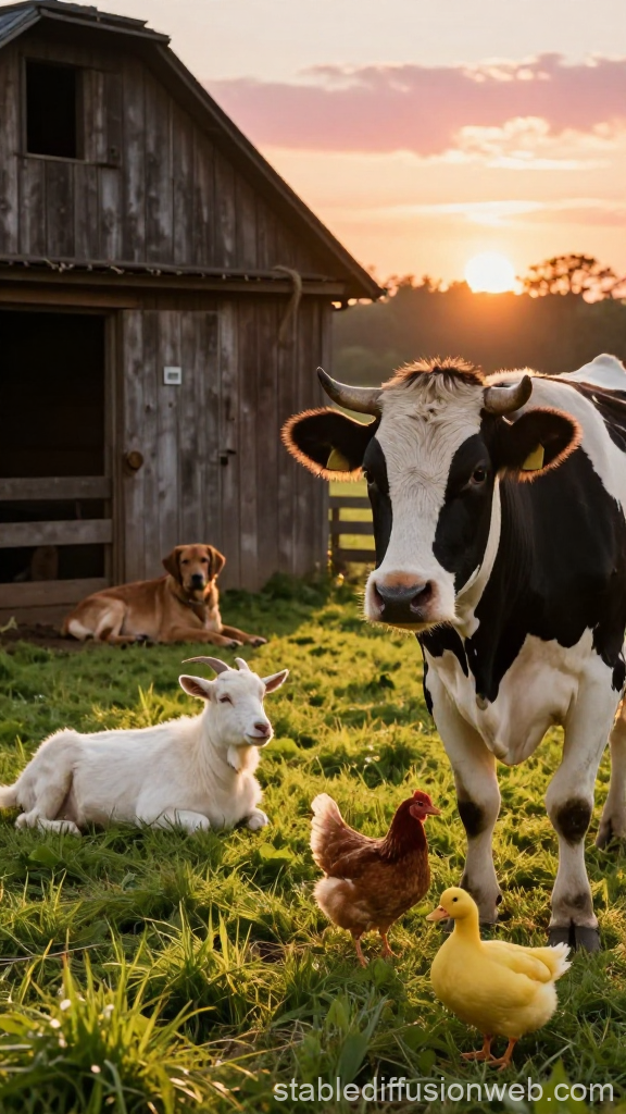 Peaceful Farm Sunset with Diverse Animals