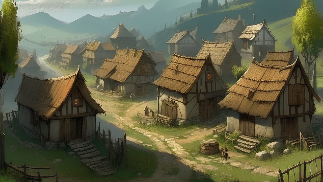 Peaceful Medieval Village with Thatched Roof Houses