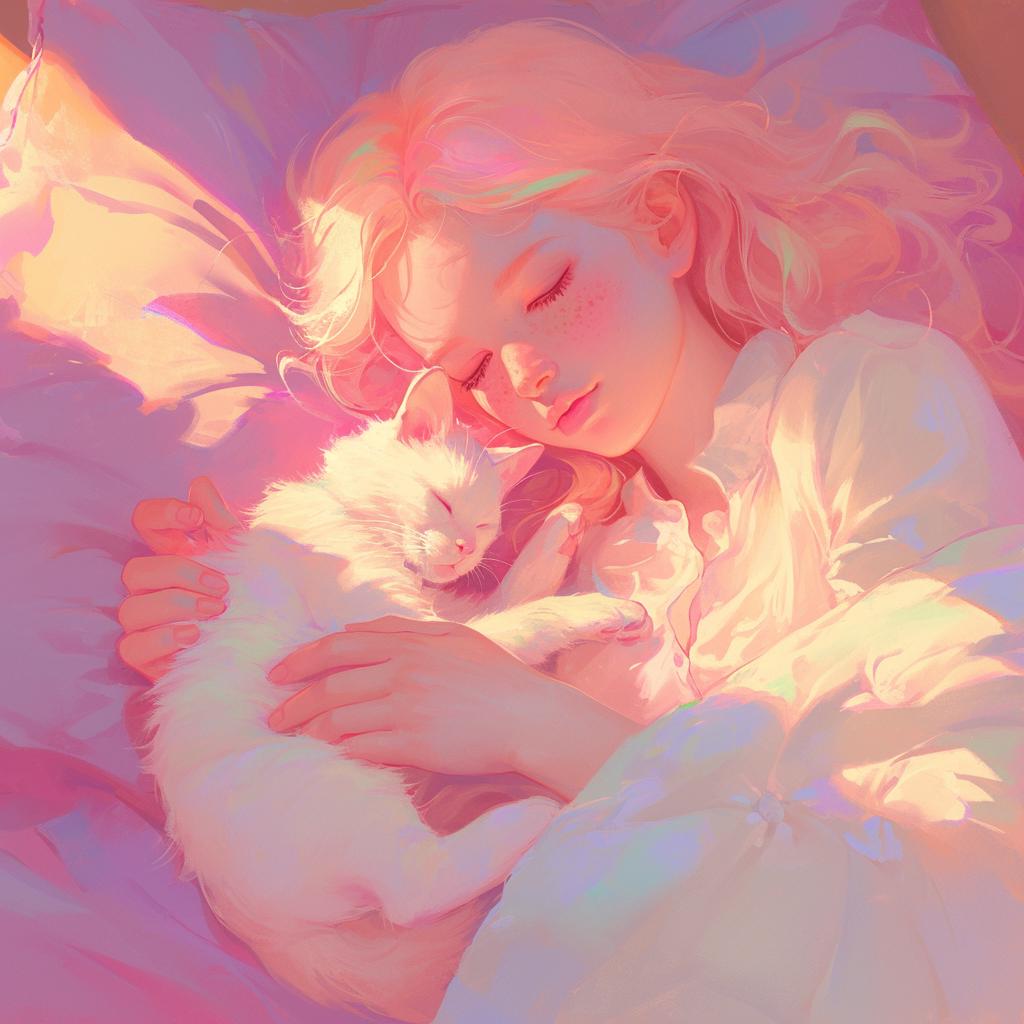 Peaceful Moment: Girl with Freckles Cuddling a White Cat