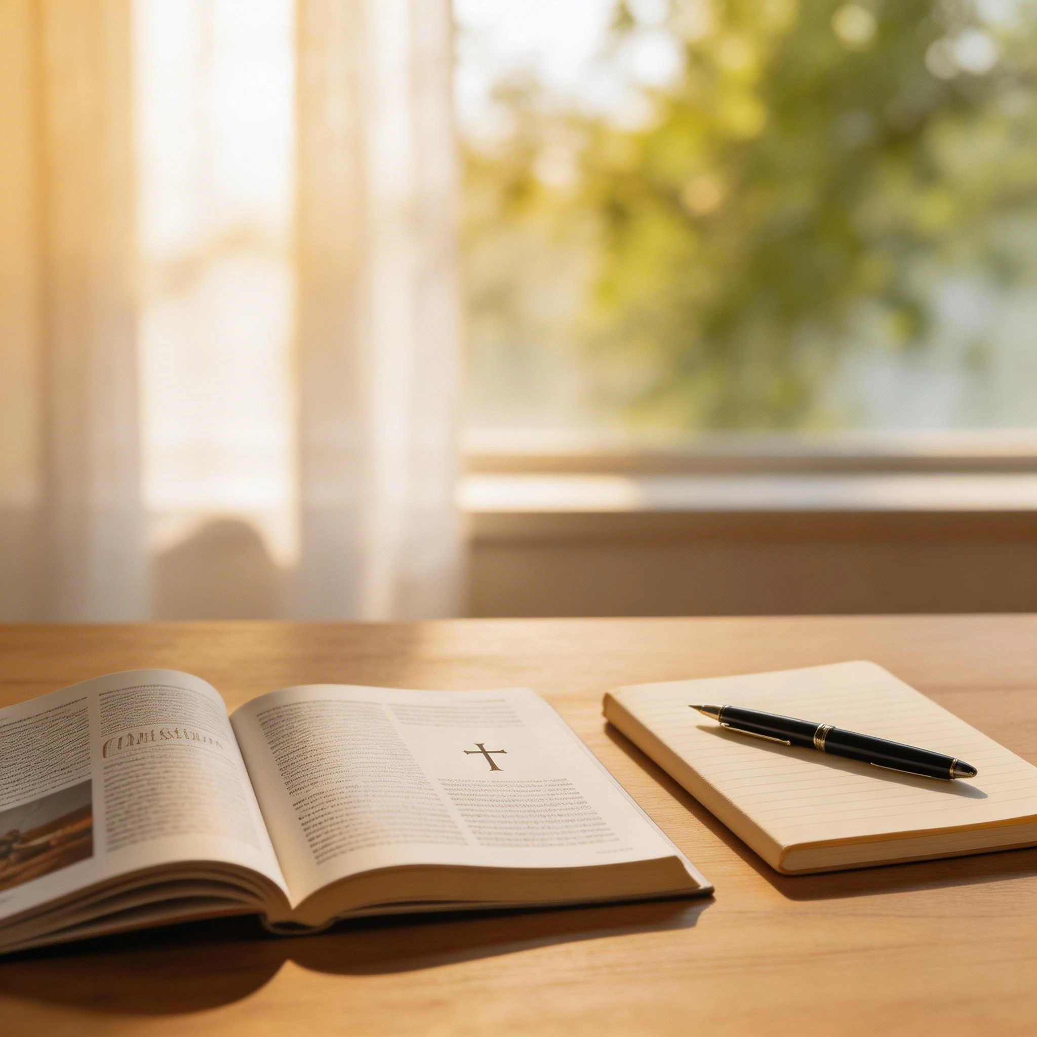 Peaceful Morning with Open Christian Book and Notebook