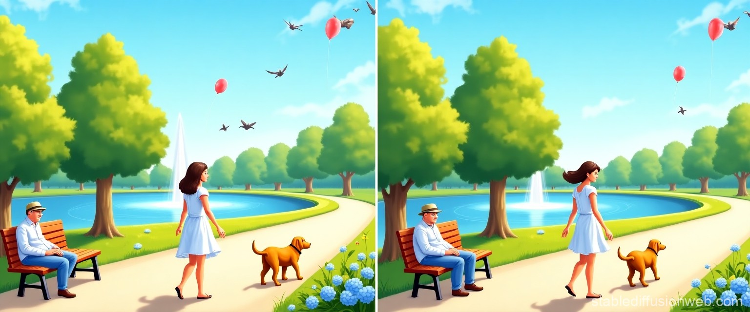 Peaceful Park Walk with Woman, Dog, and Man on Bench