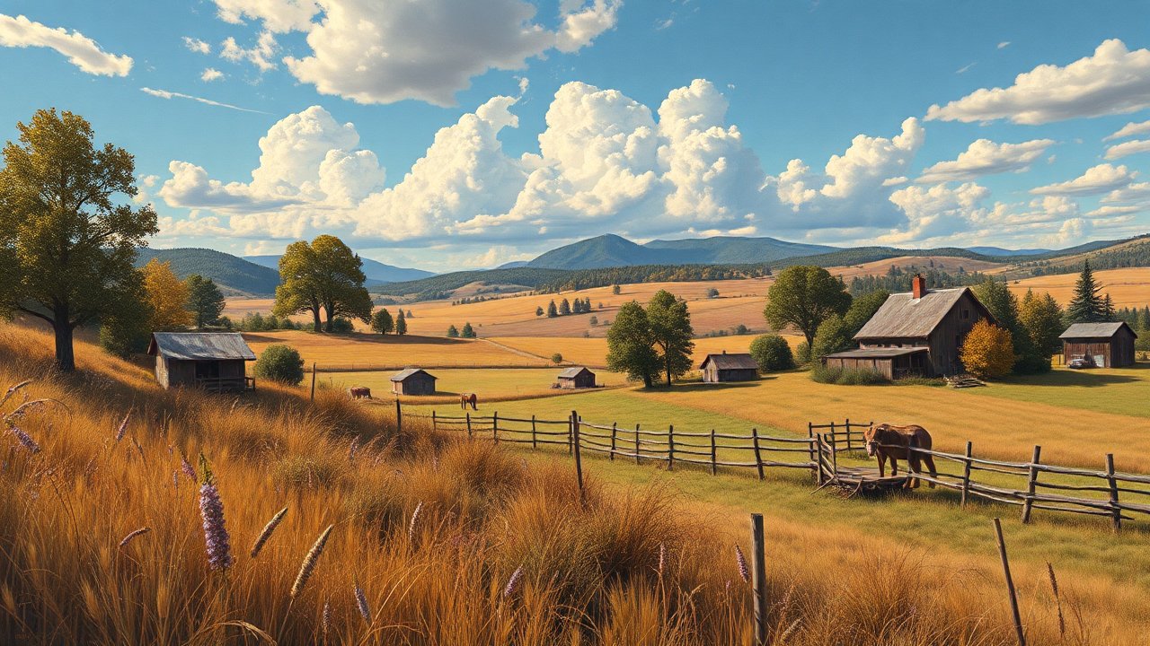 Peaceful Rural Landscape with Farmhouses and Horses