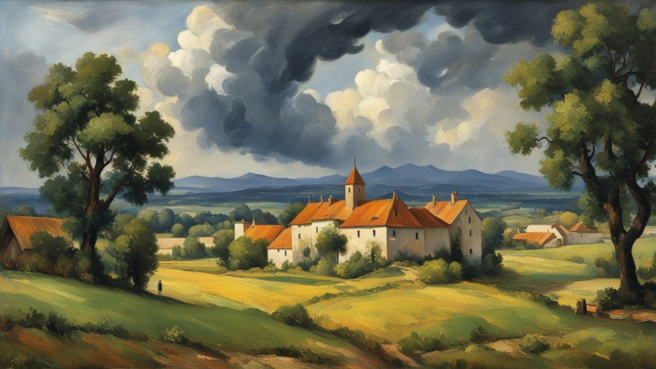 Peaceful Rural Village Under Dramatic Sky