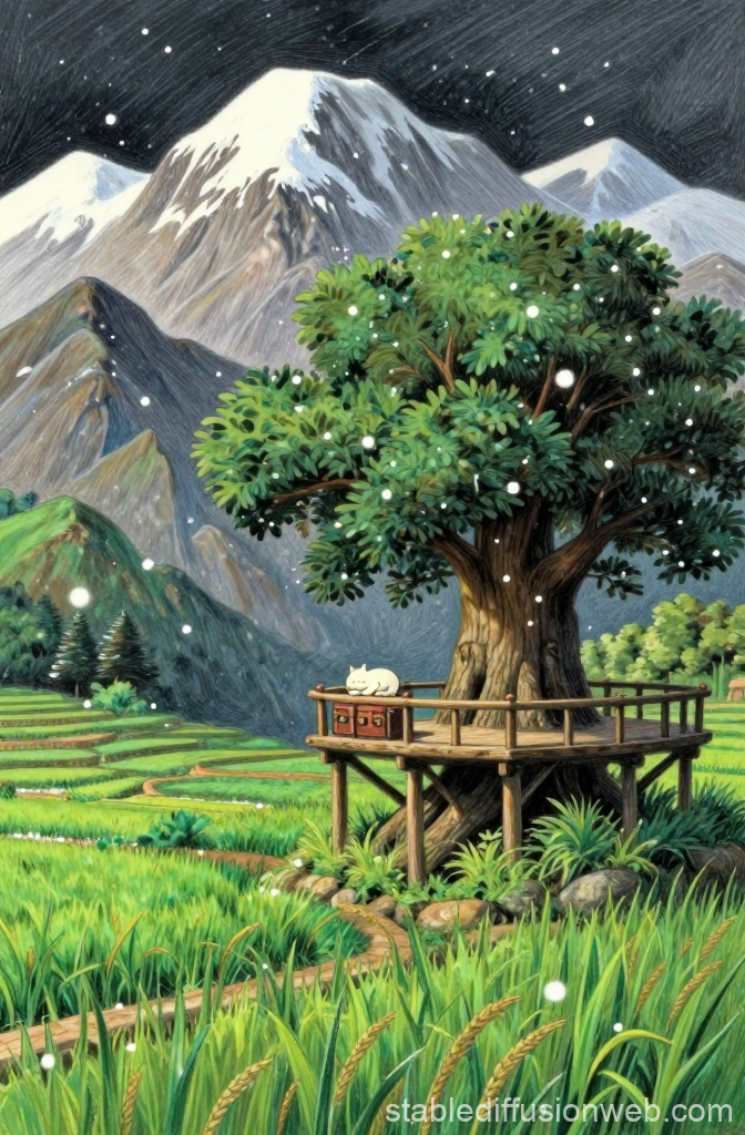 Peaceful Treehouse with Sleeping Cat in Mountain Landscape
