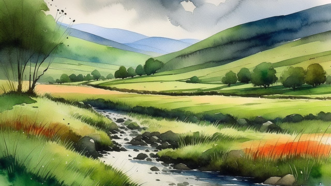 Peaceful Watercolor Landscape of Rolling Hills and Stream