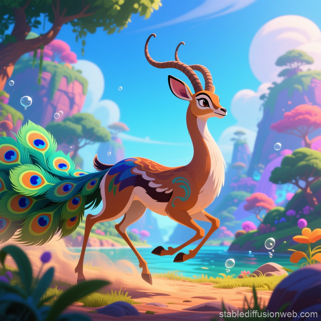 Peacock Gazelle Hybrid in a Vibrant Fantasy Landscape