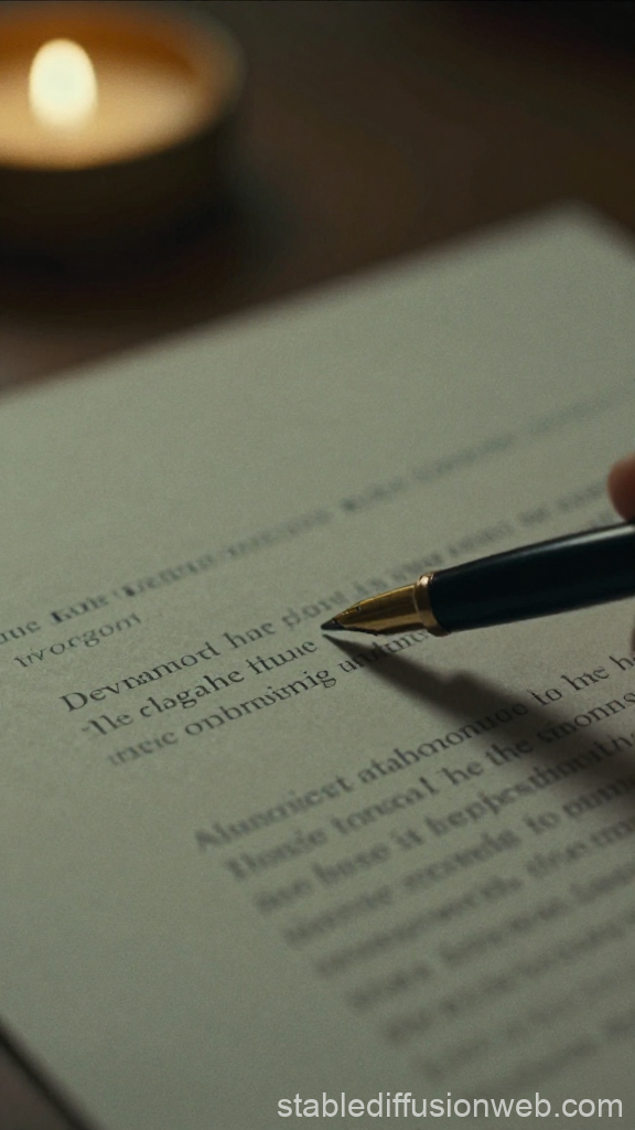 Pen Pointing at Text on Paper with Candlelight