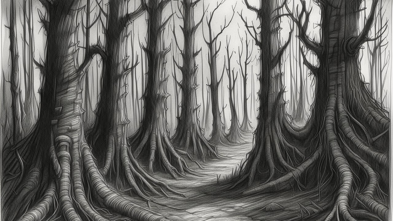Pencil Drawing of a Dark, Twisted Forest Path