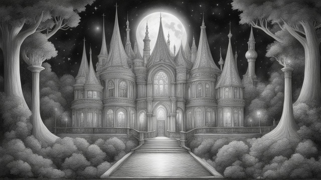 Pencil Drawing of a Gothic Castle Under Full Moon