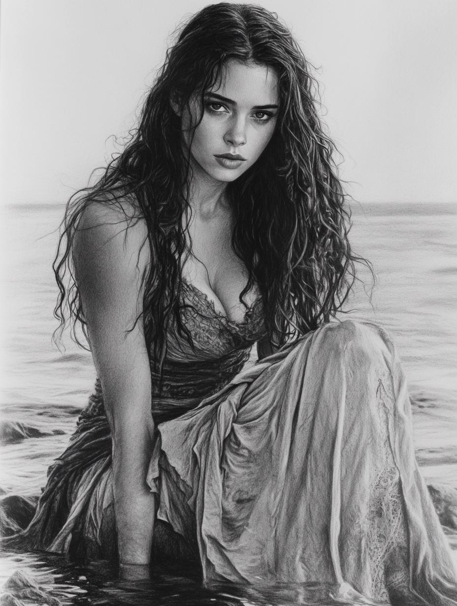 Pencil Portrait of a Woman by the Sea