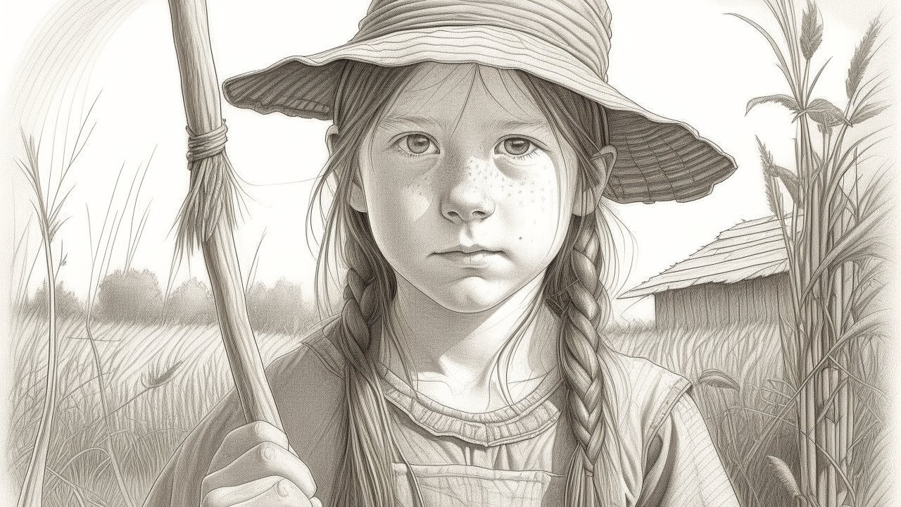 Pencil Portrait of a Young Girl in a Rural Setting