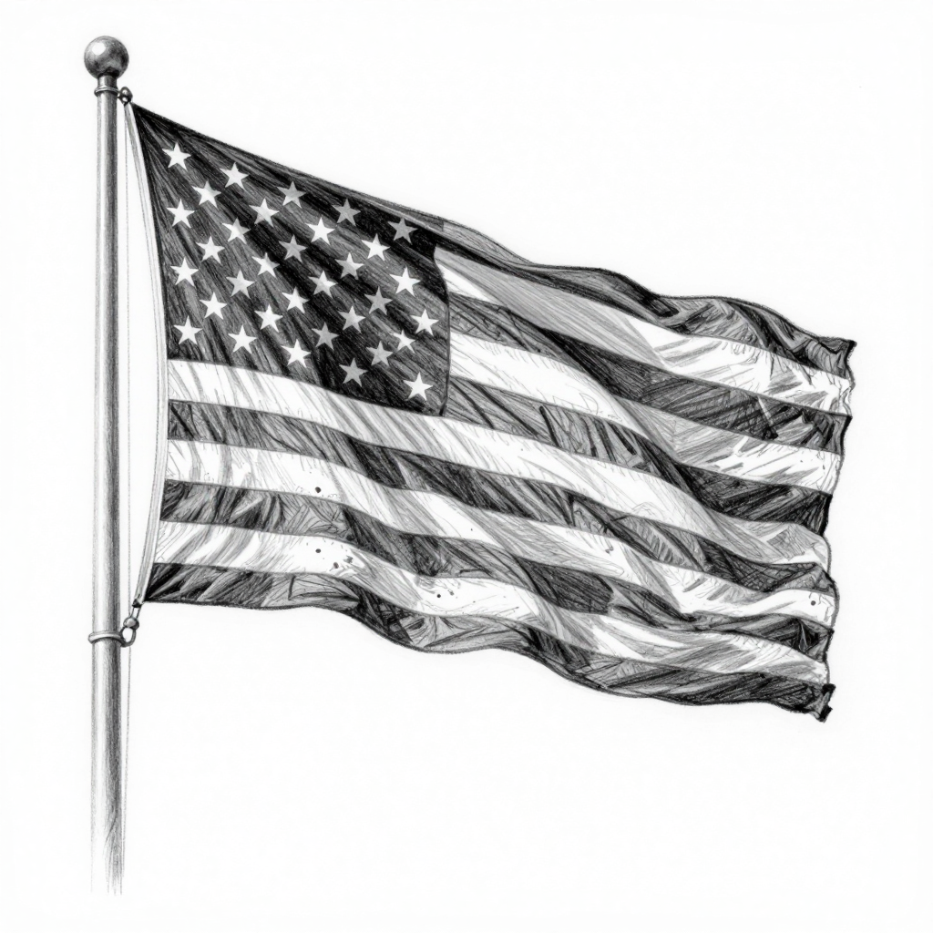 Pencil Sketch of American Flag Waving on Flagpole