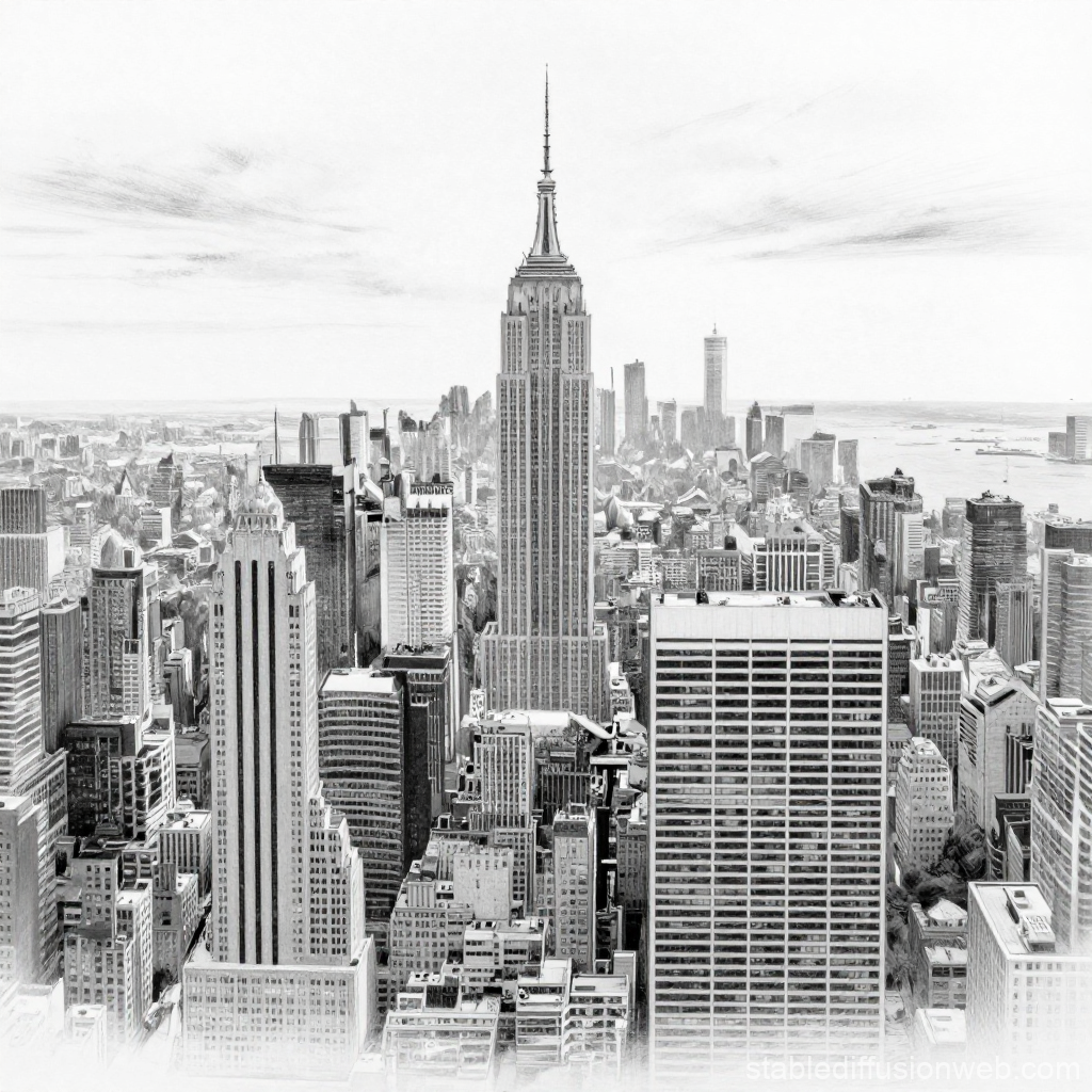Pencil Sketch of Manhattan Skyline Featuring Empire State Building